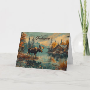 Cartes Pour Fêtes Annuelles Cabanon vintage de lac aux orignaux de Thanksgivin
