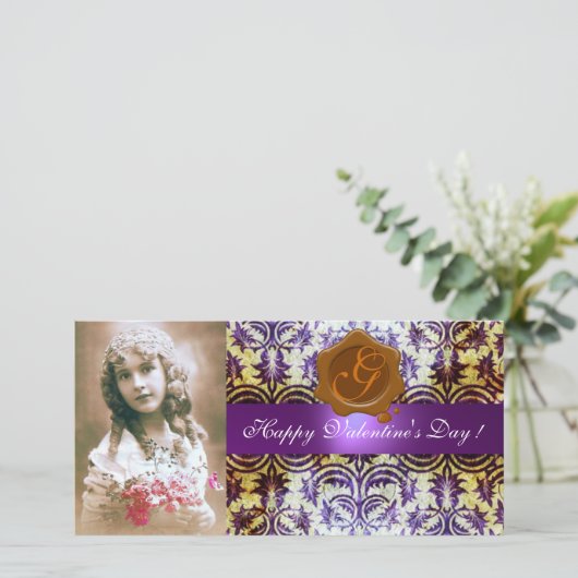 Cartes Pour Fêtes Annuelles CACHET DE CIRE BRUN VIOLET ANTIQUE DAMAS Monogramm (Debout devant)