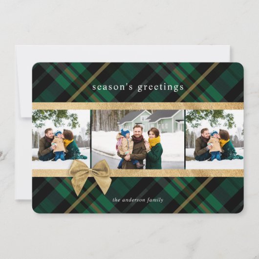 Cartes Pour Fêtes Annuelles Cadeau Plaid Vert Enveloppé & Bow Or Présente Phot (Devant)