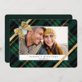 Cartes Pour Fêtes Annuelles Cadeau Plaid Vert Enveloppé & Bow Or Présente Phot (Devant / Derrière)