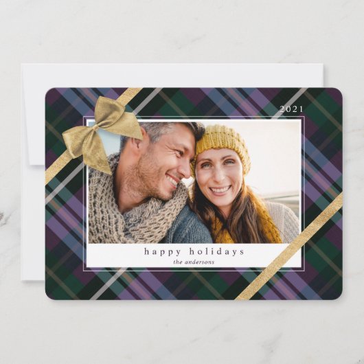 Cartes Pour Fêtes Annuelles Cadeau Plaid Violet Enveloppé & Bow Or Photo Prése (Devant)