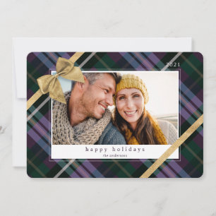 Cartes Pour Fêtes Annuelles Cadeau Plaid Violet Enveloppé & Bow Or Photo Prése
