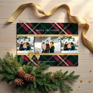 Cartes Pour Fêtes Annuelles Cadeau Rouge Plaid Enveloppé & Bow Or Photo Présen