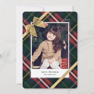 Cartes Pour Fêtes Annuelles Cadeau Rouge Plaid Enveloppé & Bow Or Photo Présen