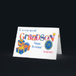 Cartes Pour Fêtes Annuelles Cadeaux d'anniversaire de Grandson sur mesure Cart<br><div class="desc">Une carte d'anniversaire "word art" aux couleurs vives pour un petit-fils que vous pouvez customiser avec son âge. Convient à un petit-fils de n'importe quel âge, l'accueil de couverture avant est, "À un grand-fils très spécial" et "Joyeux anniversaire!" avec le mot "Grandson" en lettres immenses, rempli d'étoile, de pois, de...</div>