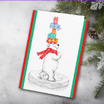 Cartes Pour Fêtes Annuelles Cadeaux de roulement polaire Noël<br><div class="desc">Cette carte de voeux saisonnière présente une image vintage délicieuse d'un ours polaire très fier portant une écharpe rouge et portant sur sa tête un certain nombre de cadeaux de Noël enveloppés de couleurs vives. L'image est placée sur un arrière - plan blanc d'hiver, et encadrée dans le vert et...</div>