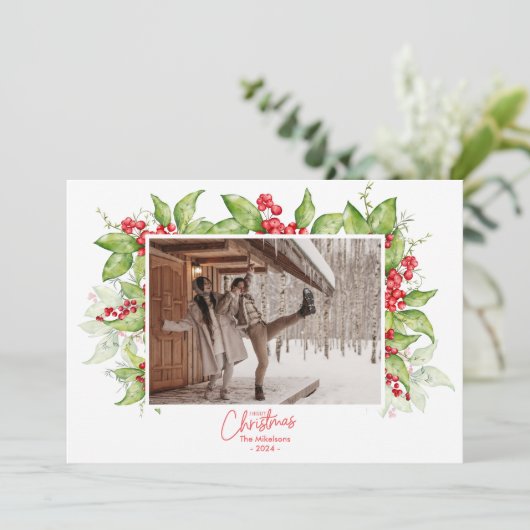 Cartes Pour Fêtes Annuelles Cadre Berry Branches | Photo de Noël moderne (Debout devant)