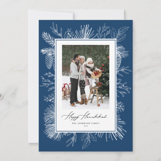 Cartes Pour Fêtes Annuelles Cadre botanique bleu Bonne photo Hanoukka (Devant)