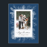 Cartes Pour Fêtes Annuelles Cadre botanique bleu Bonne photo Hanoukka<br><div class="desc">Heureux Hanoukka ! Envoyez vos voeux de vacances avec cette carte postale Hanoukka à thème vintage. Il présente une ligne vintage de pinecones, aiguilles de pin et crevettes avec un arrière - plan bleu. Personnalisez en ajoutant votre photo, nom, année et message. Cette carte postale photo Hanoukka vintage est disponible...</div>