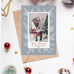 Cartes Pour Fêtes Annuelles Cadre botanique bleu Dusty moderne Noël