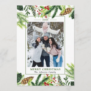 Cartes Pour Fêtes Annuelles Cadre de branche de pins aquarelle Noël PHOTO