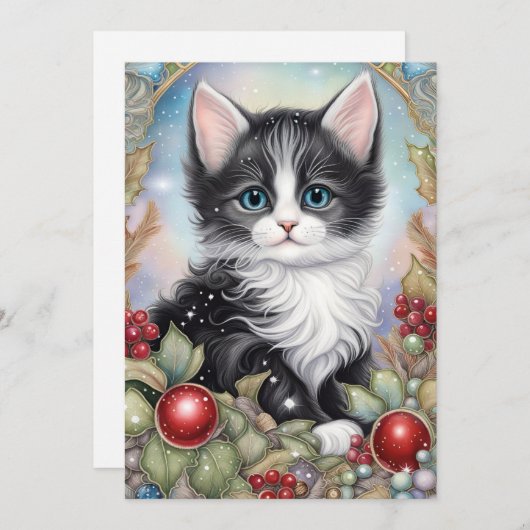 Cartes Pour Fêtes Annuelles Cadre de chaton smoking fantaisiste avec des baies (Devant / Derrière)