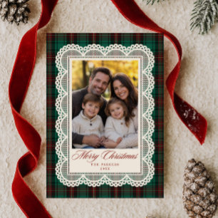 Cartes Pour Fêtes Annuelles Cadre de dentelle tartan vert Photo Joyeux Noël