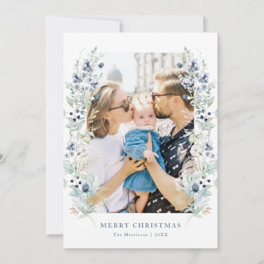 Cartes Pour Fêtes Annuelles Cadre de fleurs hivernales Photo Bleu Poussiéreux (Devant)