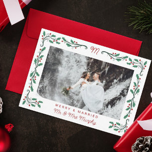 Cartes Pour Fêtes Annuelles Cadre de Noël Folk Holly Merry & Marié Photo de No
