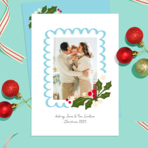 Cartes Pour Fêtes Annuelles Cadre de pétoncle bleu festif avec photo Holly One