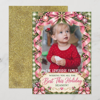 Cartes Pour Fêtes Annuelles Cadre de photo de Noël à carreaux verts et roses p