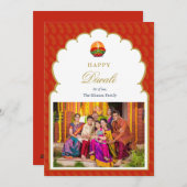 Cartes Pour Fêtes Annuelles Cadre élégant Arc rouge et or Photo Diwali Card (Devant / Derrière)