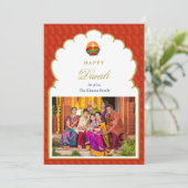 Cartes Pour Fêtes Annuelles Cadre élégant Arc rouge et or Photo Diwali Card (Debout devant)