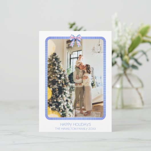 Cartes Pour Fêtes Annuelles Cadre en ruban bleu Photo Grandmillennial Holiday (Debout devant)