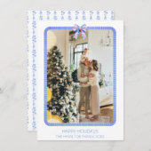Cartes Pour Fêtes Annuelles Cadre en ruban bleu Photo Grandmillennial Holiday (Devant / Derrière)