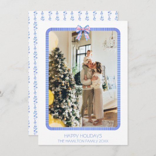 Cartes Pour Fêtes Annuelles Cadre en ruban bleu Photo Grandmillennial Holiday (Devant / Derrière)