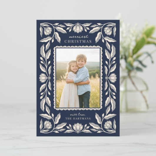 Cartes Pour Fêtes Annuelles Cadre Floral Art populaire Noël 4 Photo (Debout devant)