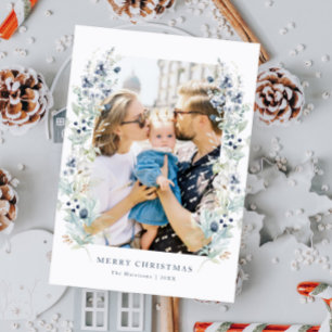 Cartes Pour Fêtes Annuelles Cadre Floral d'Hiver Bleu Poussiéreux Photo