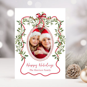 Cartes Pour Fêtes Annuelles Cadre ondulé rouge de Noël avec nœud et verdure po