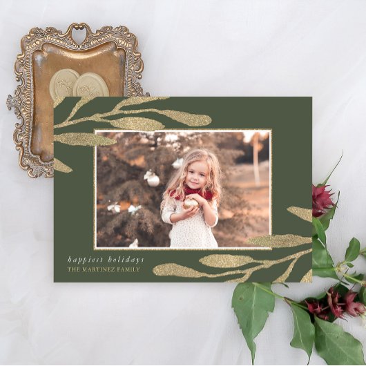 Cartes Pour Fêtes Annuelles Cadre or élégant avec photo Feuille botanique