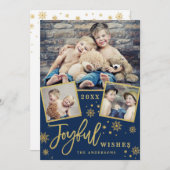 Cartes Pour Fêtes Annuelles Cadre Or Joyeux Script moderne 3 PHOTO Salutation (Devant / Derrière)