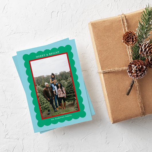 Cartes Pour Fêtes Annuelles Cadre photo Preppy Aqua Green Red Simple Scallop