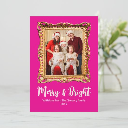 Cartes Pour Fêtes Annuelles Cadre Photo Retro Rose Personnalisé Joyeux Et Lumi (Debout devant)