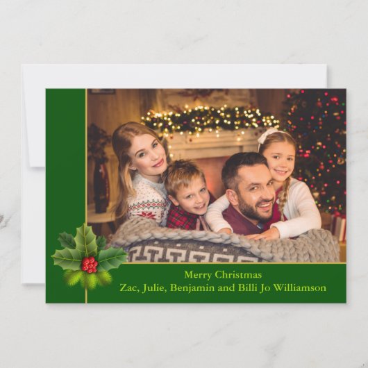 Cartes Pour Fêtes Annuelles Cadre vert et or de Noël avec photo Holly (Devant)