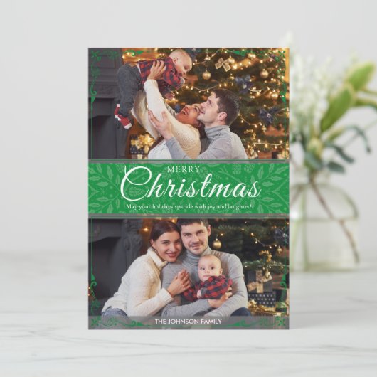 Cartes Pour Fêtes Annuelles Cadre vert simple et élégant 2 Photo Noël (Debout devant)