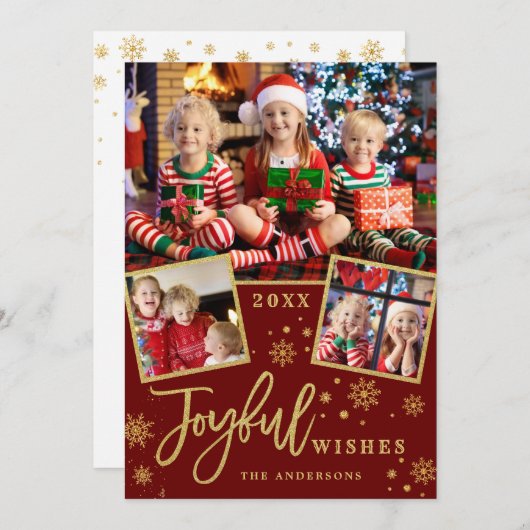 Cartes Pour Fêtes Annuelles Cadres or Joyeux Noël 3 PHOTO Salutation (Devant / Derrière)