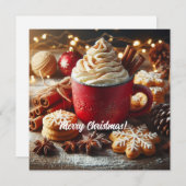 Cartes Pour Fêtes Annuelles Café chaud à la crème fouettée d'hiver dans une ta (Devant / Derrière)