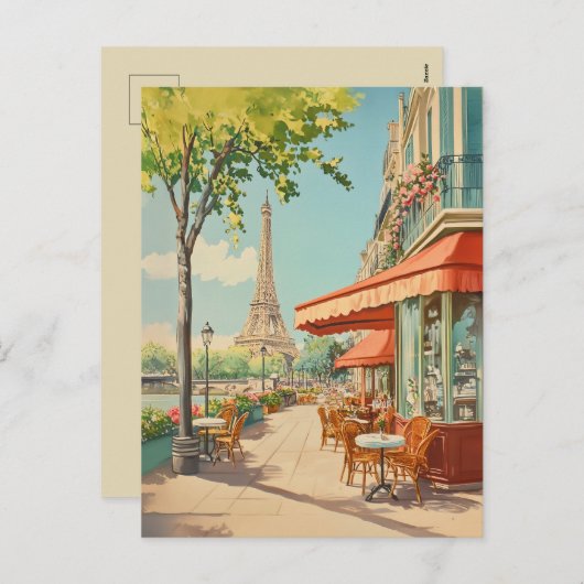 Cartes Pour Fêtes Annuelles Café parisien avec vue Eiffel (Devant / Derrière)