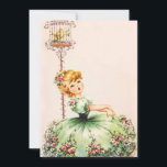 Cartes Pour Fêtes Annuelles Cage vintage d'oiseaux et fille de fleurs en robe<br><div class="desc">Cage d'oiseaux vintage et Fleur Girl dans une carte de voeux habillée.</div>