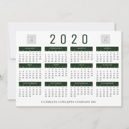 Cartes Pour Fêtes Annuelles Calendrier 2020 Société Logo et nom vert (Devant)