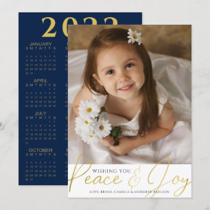 Cartes Pour Fêtes Annuelles Calendrier 2022 PAIX ET JOY Gold Script Photo Holi