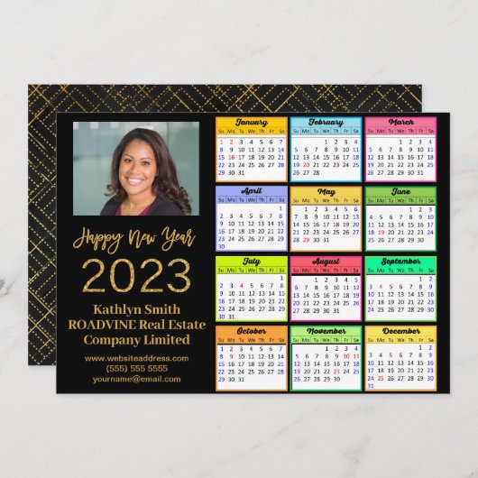 Cartes Pour Fêtes Annuelles Calendrier 2023 Business Modern Gold Script Photo (Devant / Derrière)