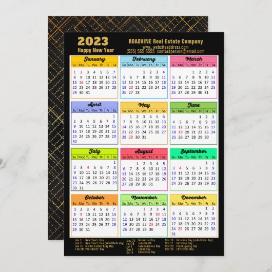 Cartes Pour Fêtes Annuelles Calendrier 2023 Modern Black Gold Script Business (Devant / Derrière)
