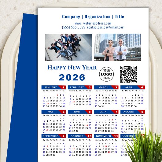 Cartes Pour Fêtes Annuelles Calendrier 2026 Business Logo QR Code Simple Bleu
