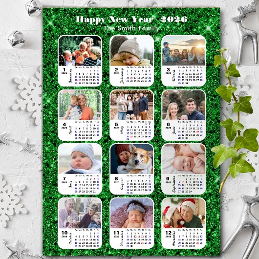 Cartes Pour Fêtes Annuelles Calendrier 2026 Famille Photo Collage Vert Festif