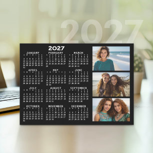 Cartes Pour Fêtes Annuelles Calendrier 2027 3 Photos Noir Minimal Basique
