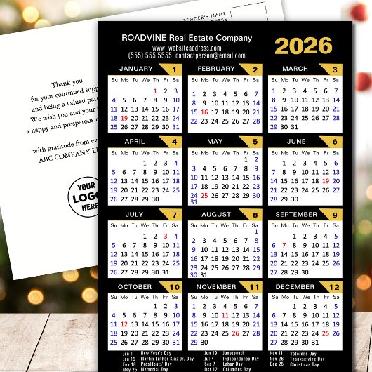 Cartes Pour Fêtes Annuelles Calendrier d'affaires 2026 avec US Holidays Gold B