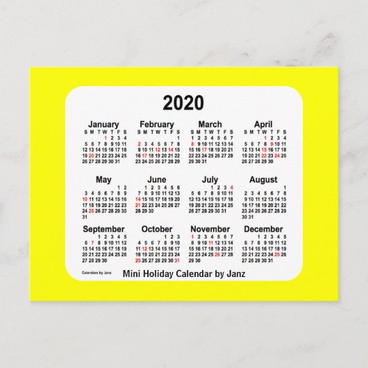 Cartes Pour Fêtes Annuelles Calendrier des Fêtes Jaunes 2020 par Janz Postcard (Devant)