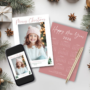 Cartes Pour Fêtes Annuelles Calendrier photo de l'arbre de Noël rose 2026