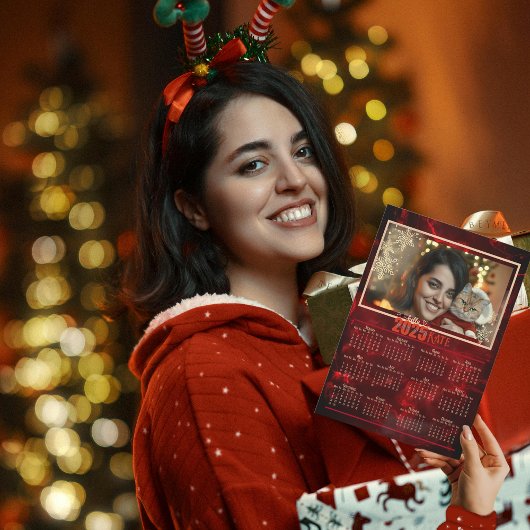 Cartes Pour Fêtes Annuelles Calendrier photo Élégant Rouge 2025